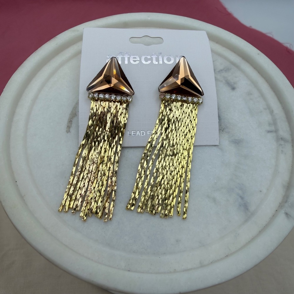 Affection Gold Tone Triangle Crystal Tassel Fringe Drop Statement Earrings